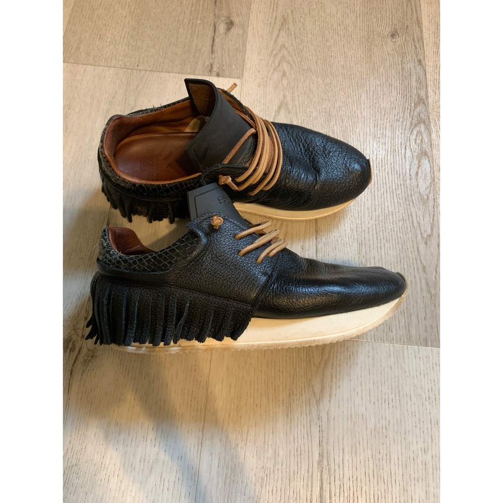 Esse Ut Esse Black Leather Fringe Sneakers Snakeskin Trim Made in Italy Size 39